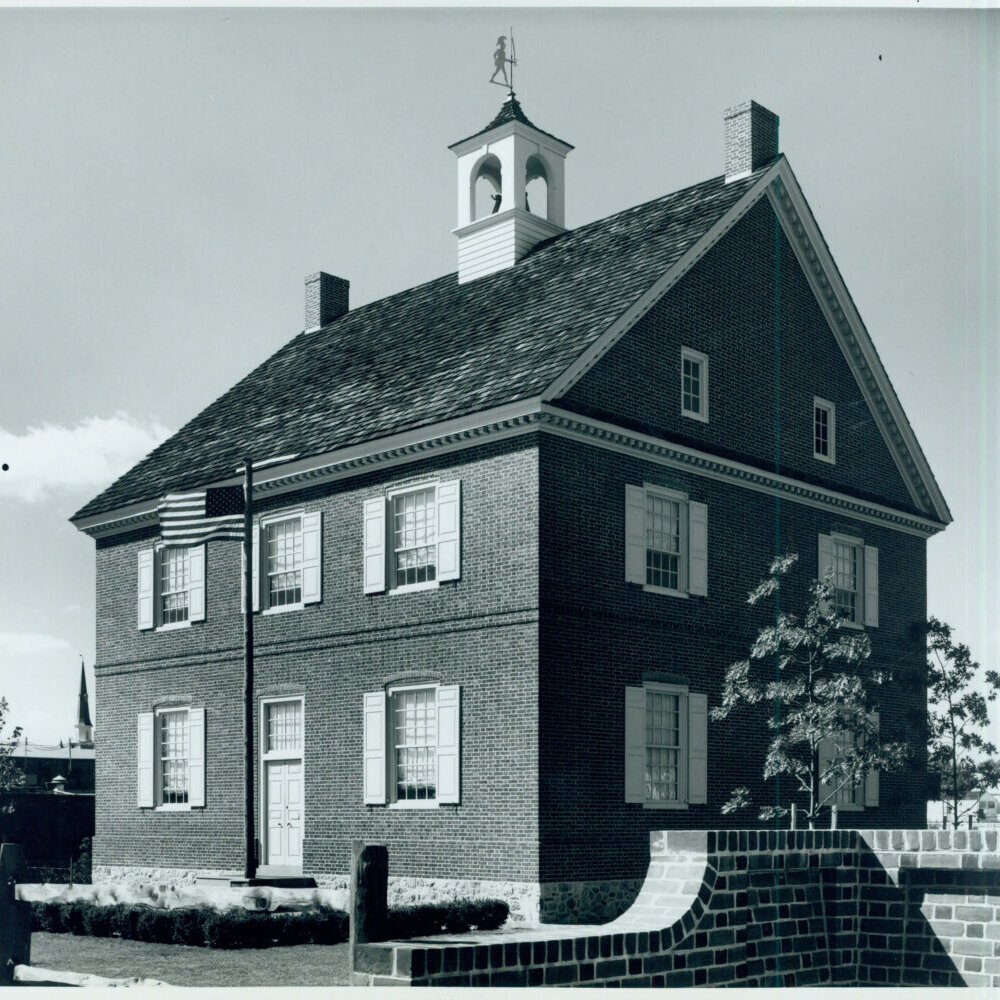 black and white photo of the replica York County Courthouse from 1976, when the building was constructed as part of the bicentennial celebration