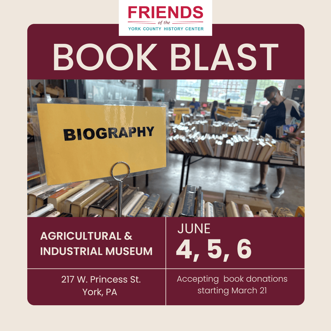 2026 Book Blast marketing image with dates and location, next to a photo of books on sale