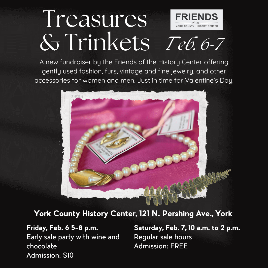 a graphic image showing a piece of jewelry and details on the Treasures and Trinkets jewelry sale