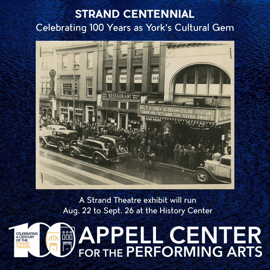 graphic design featuring a photo of the Strand Theatre from the 1930s