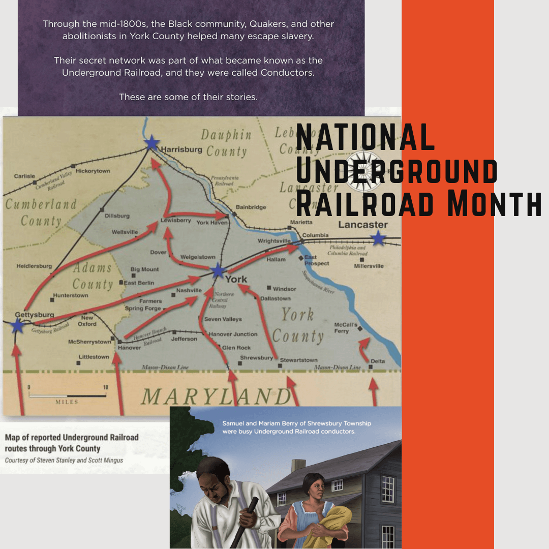 A graphic image showing a map of York County with directional arrows and two images from an Underground Railroad video