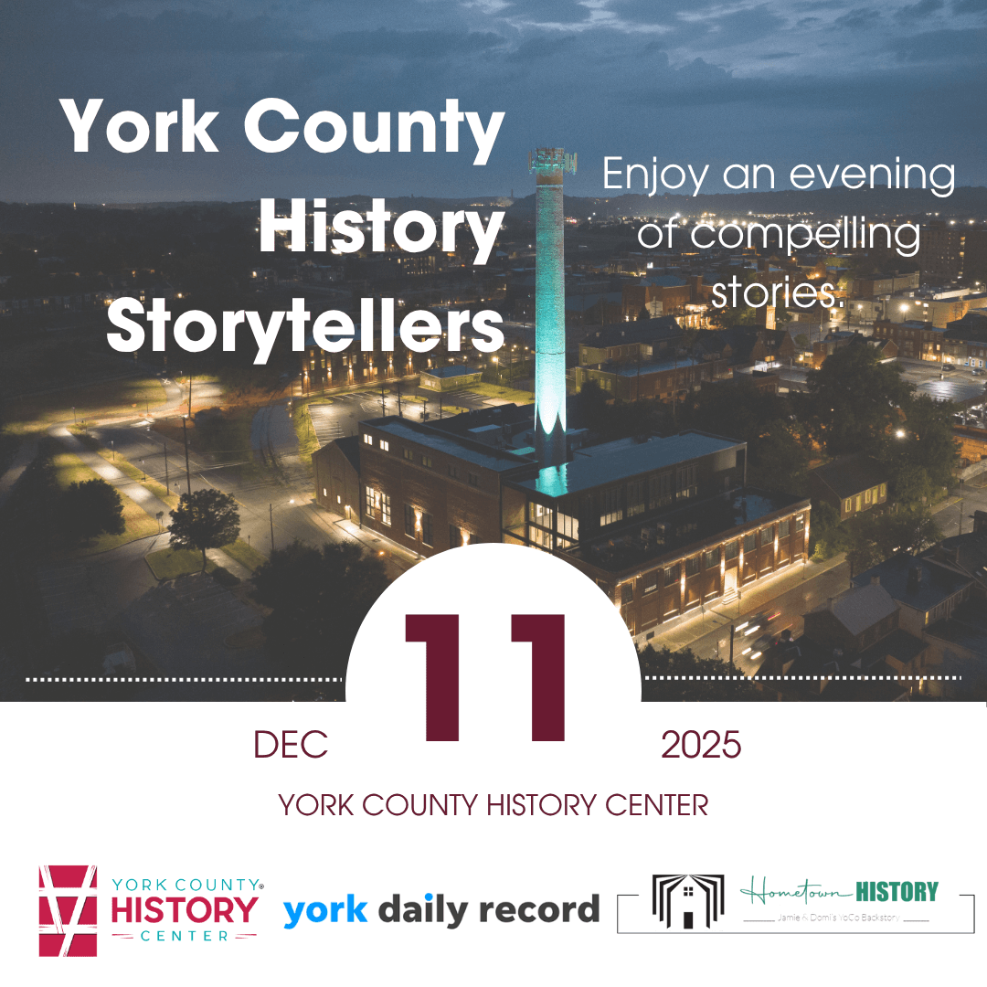 Graphic image promoting History Storytellers on Dec. 11 on a nighttime photo of the York County History Center