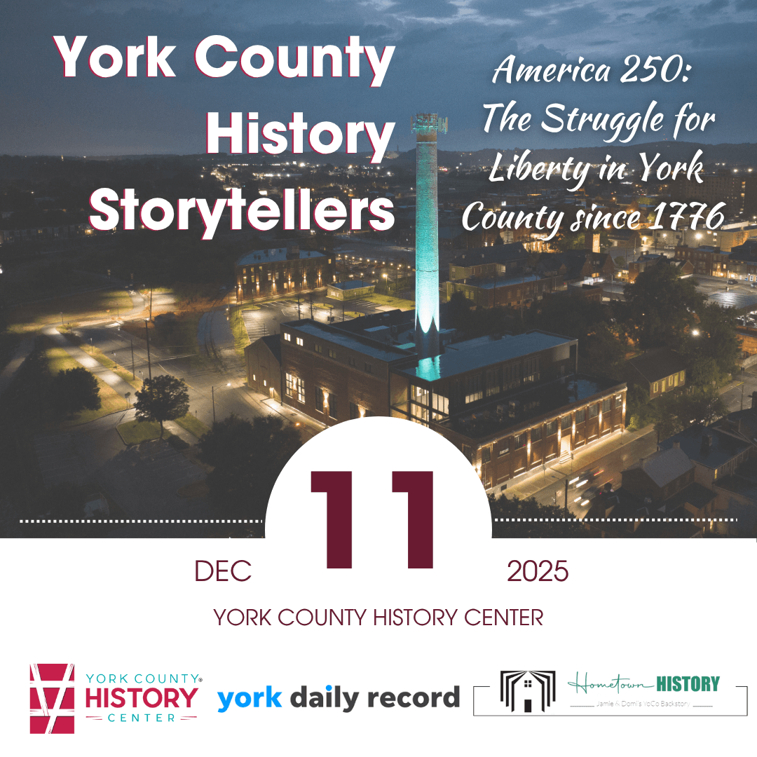 Image showing exterior of History Center at night with text York County History Storytellers Dec. 11