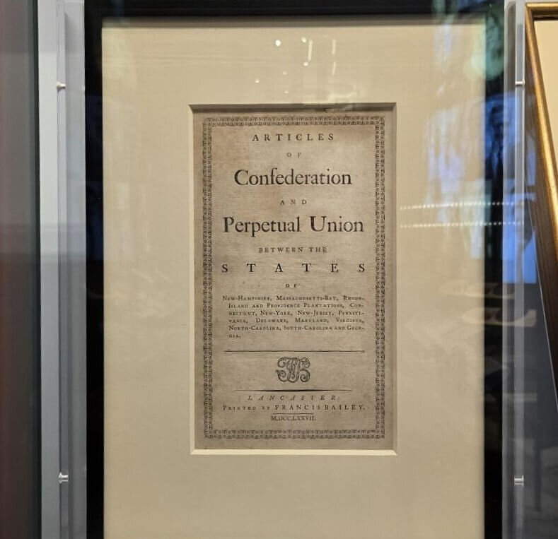 Articles of Confederation displayed in case