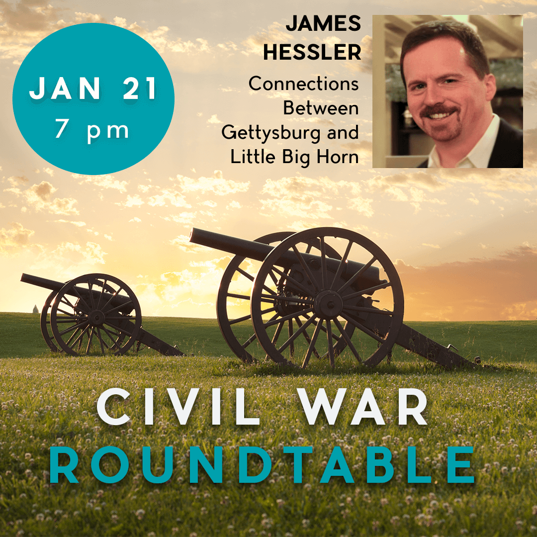 Image showing the Civil War Roundtable name and the date/time of the January meeting with photo of James Hessler