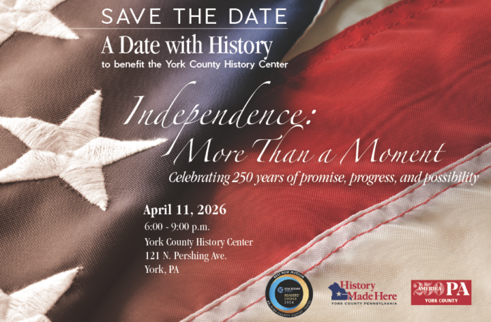 Graphic design image showing details on the 2026 A Date with History with a background of a detail of an American flah