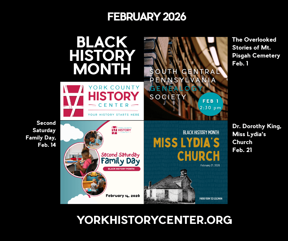 graphic image showing three programs at the York County History Center in February for Black History Month