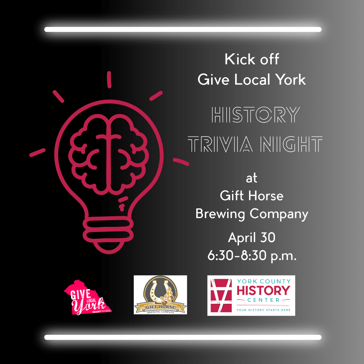 graphic image with History Trivia Night April 30 at Gift Horse Brewing Co.