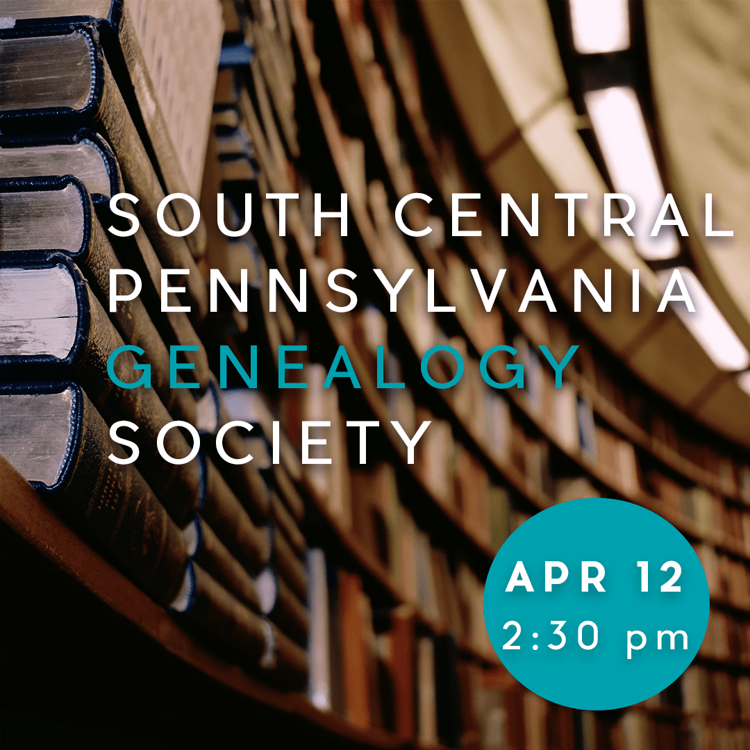 a graphic image showing a large library with the date and time for the April Genealogical Society meeting