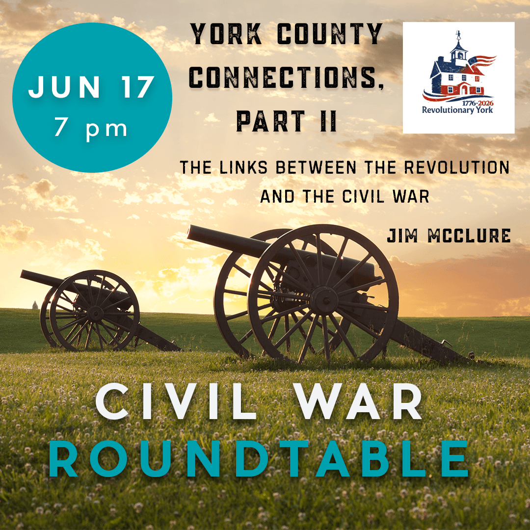 simple graphic image to promote Civil War Roundtable June 17 showing cannons at Gettysburg battlefield