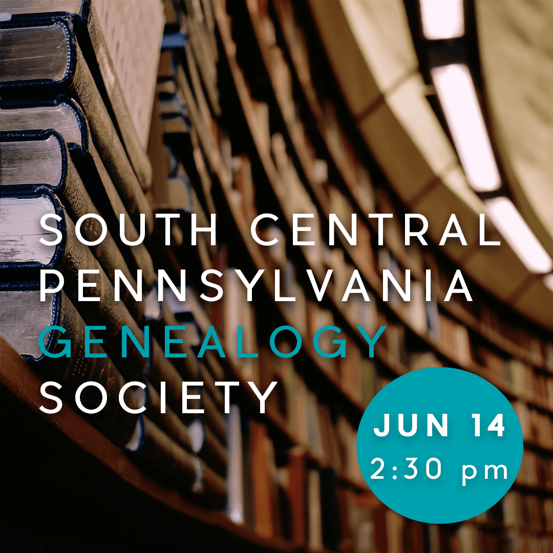 Graphic image with details on the Genealogical Society's June meeting overlaying a photo of library bookshelves