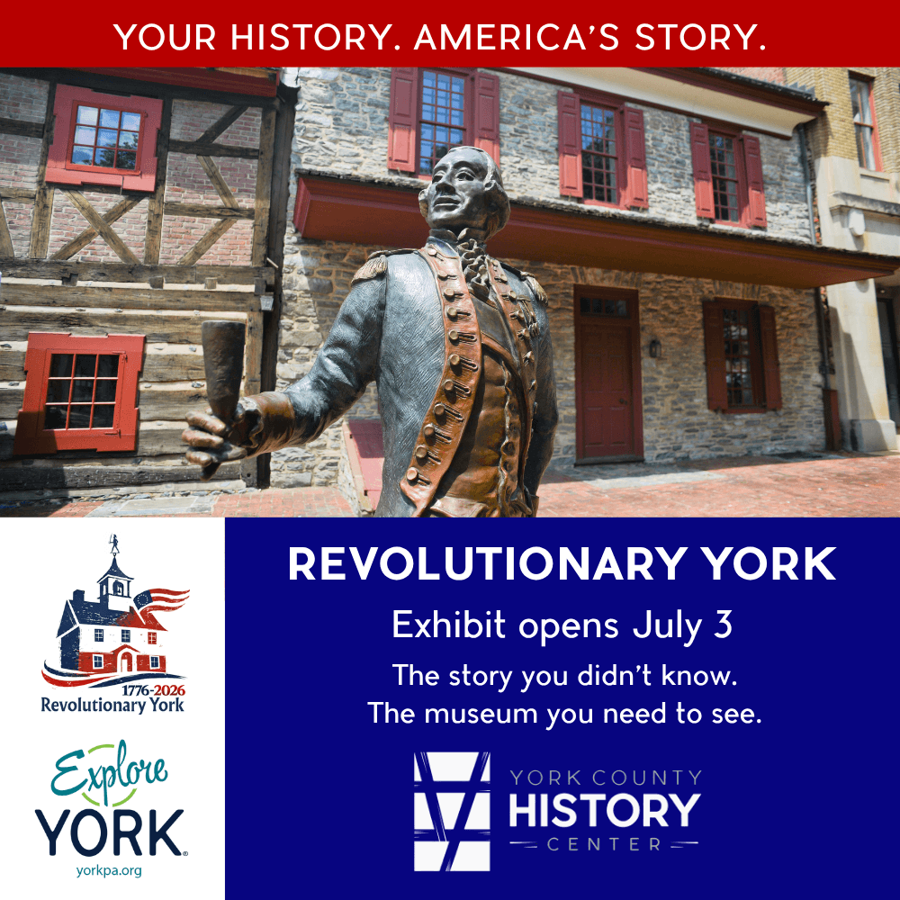 Graphic with details on Revolutionary York opening, under a photo of the Lafayette statue