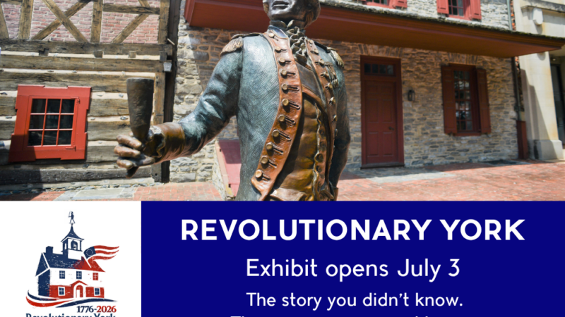 graphic image for Revolutionary York exhibit with Lafayette statue and text for exhibit