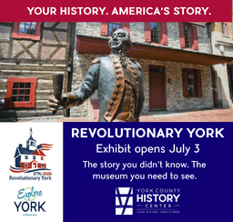 Graphic with details on Revolutionary York opening, under a photo of the Lafayette statue