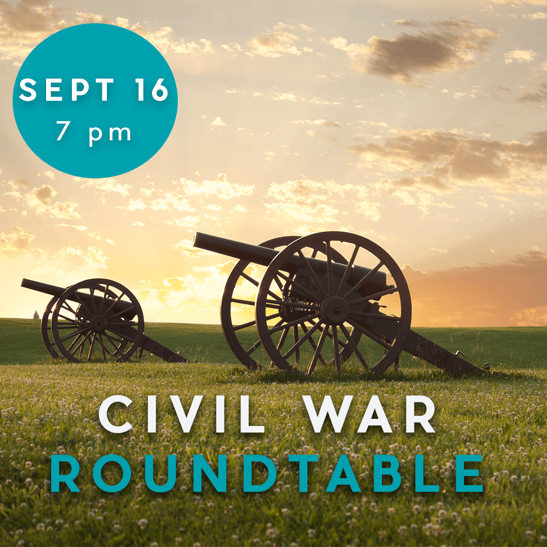 Civil War Roundtable graphic image showing photo of two cannons on the battlefield with September date details