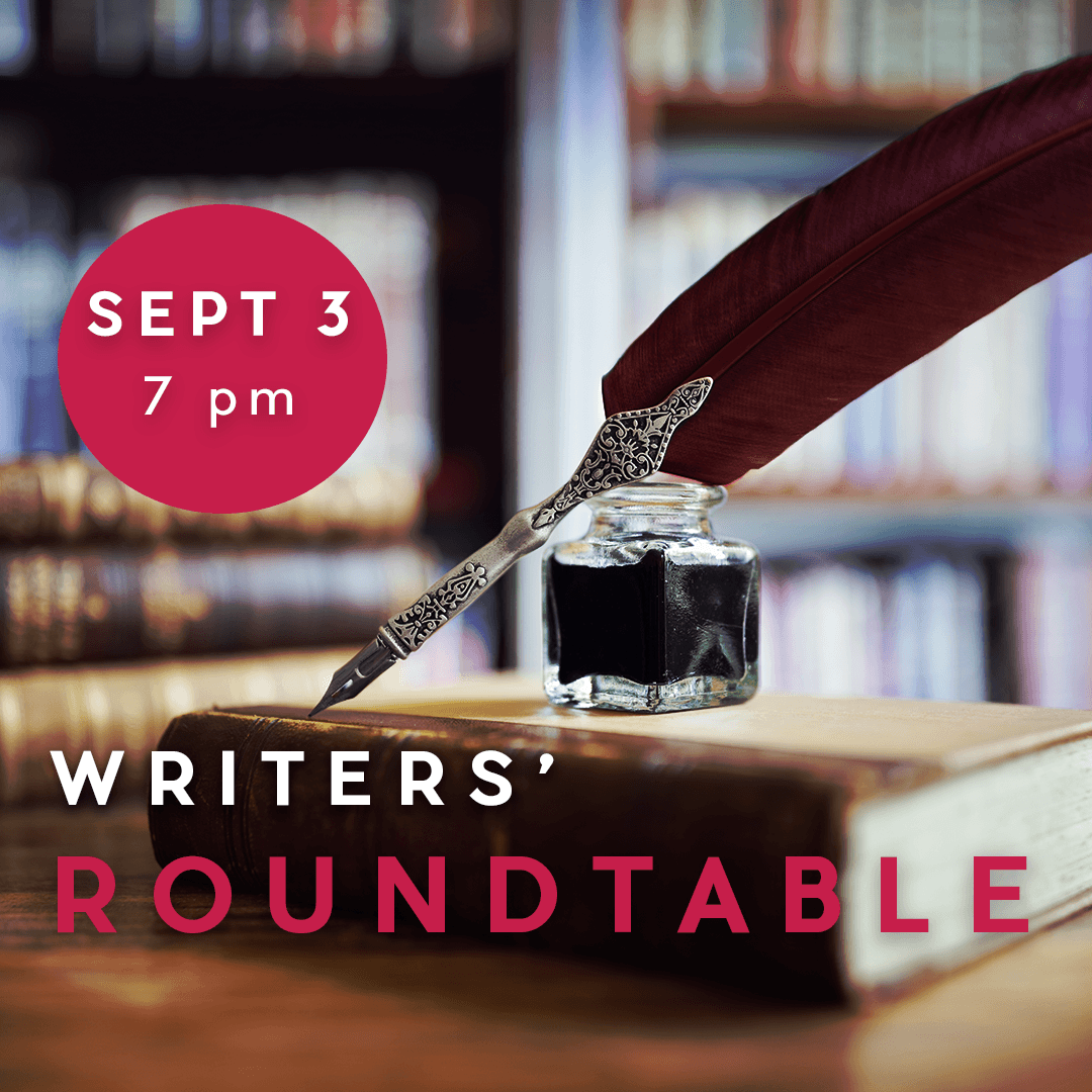 graphic image to promote Writers' Roundtable showing a quill and ink well on a book with the time and date of September meeting