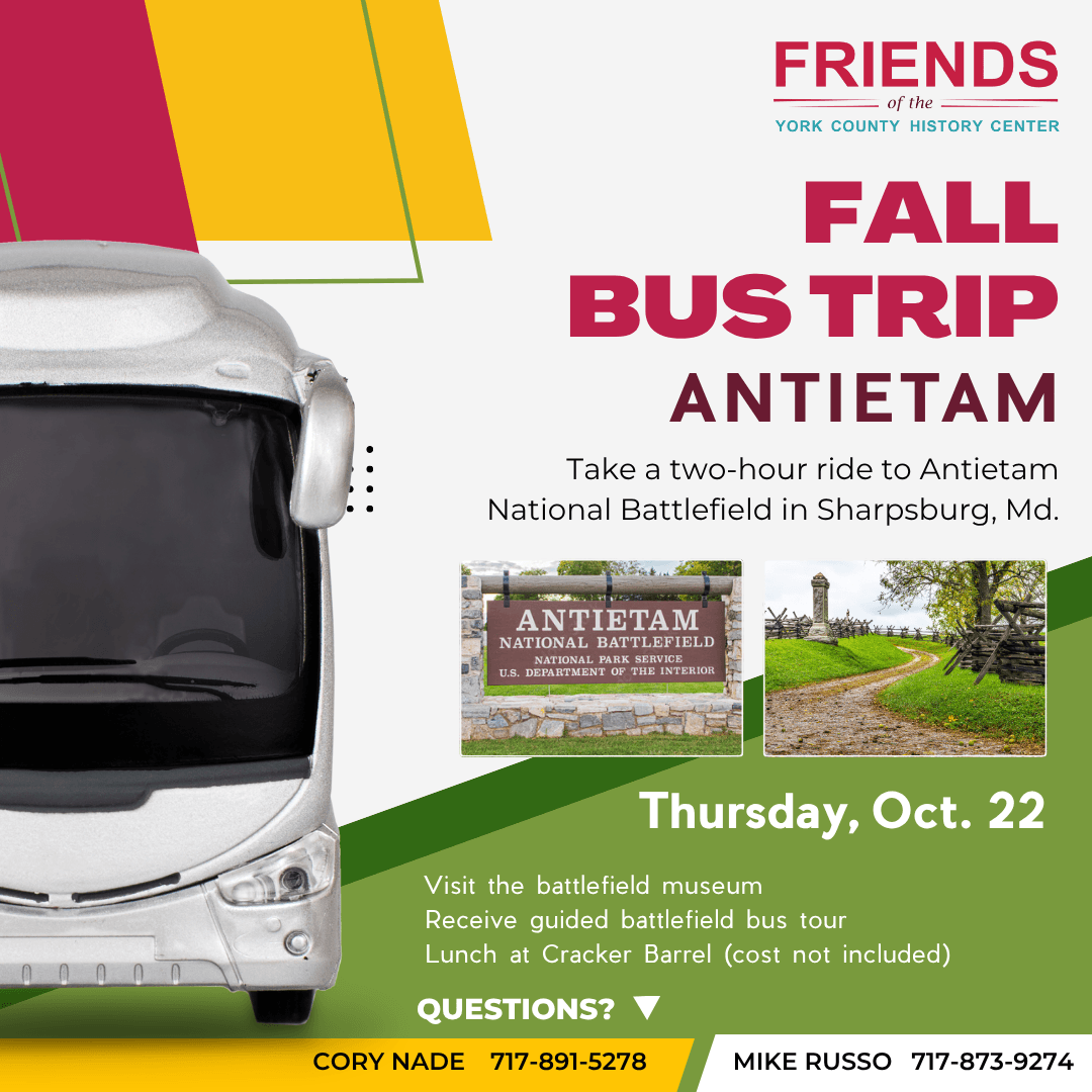 graphic showing details of bus trip to Antietam, with a bus and a photo of the battlefield sign
