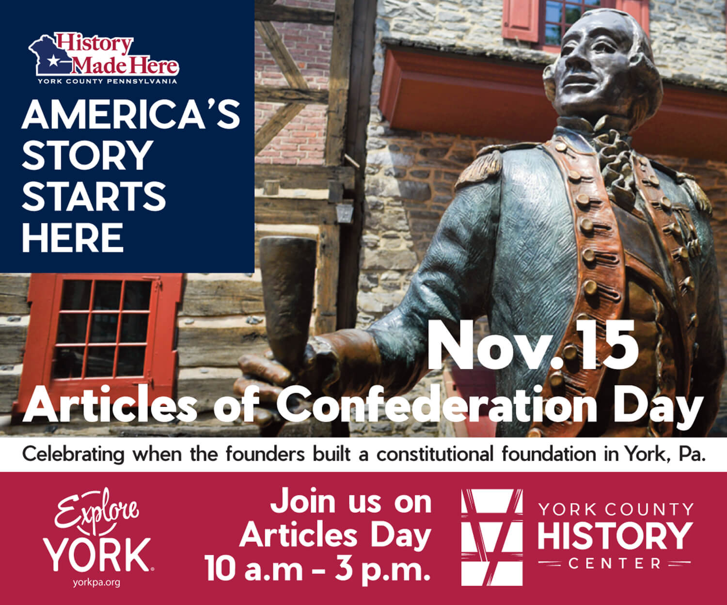 graphic image showing York, Pa., Lafayette statue promoting Articles of Confederation Day