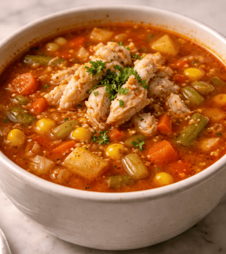 Maryland crab soup in a white bowl photo