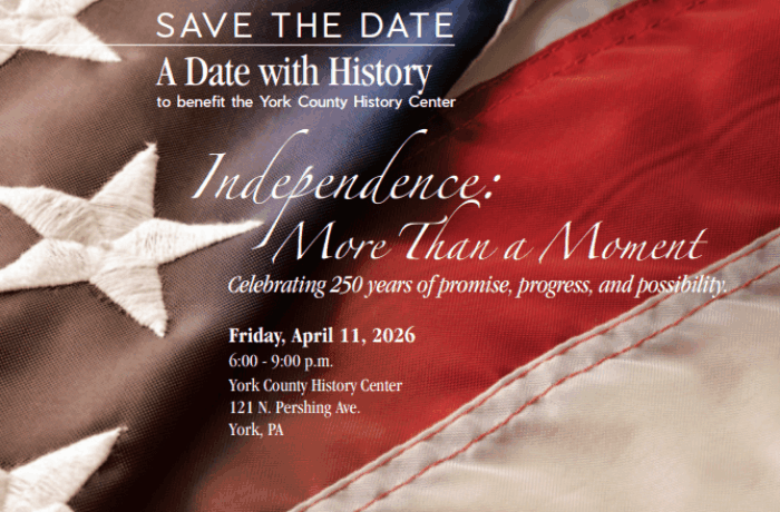 graphic image showing a portion of an American flag with text details about A Date With History April 11 in York, PA