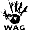 logo for Weary Arts Group, showing the letters WAG in black below an image of a hand with the fingers depicted as different artists also in black, all on white background